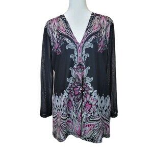 INC Tunic Blouse Womens XL Semi Sheer Black Mesh Boho Chic Artsy Paisley Print
